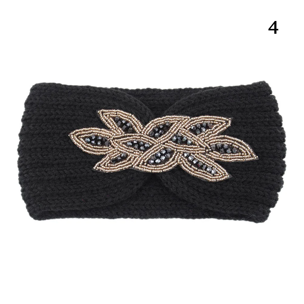 Women Headband Winter Ear Warmer Crystal beads Turban Headwarp Knitted Wool bandana Bandage Hair Accessories Boho Headwear