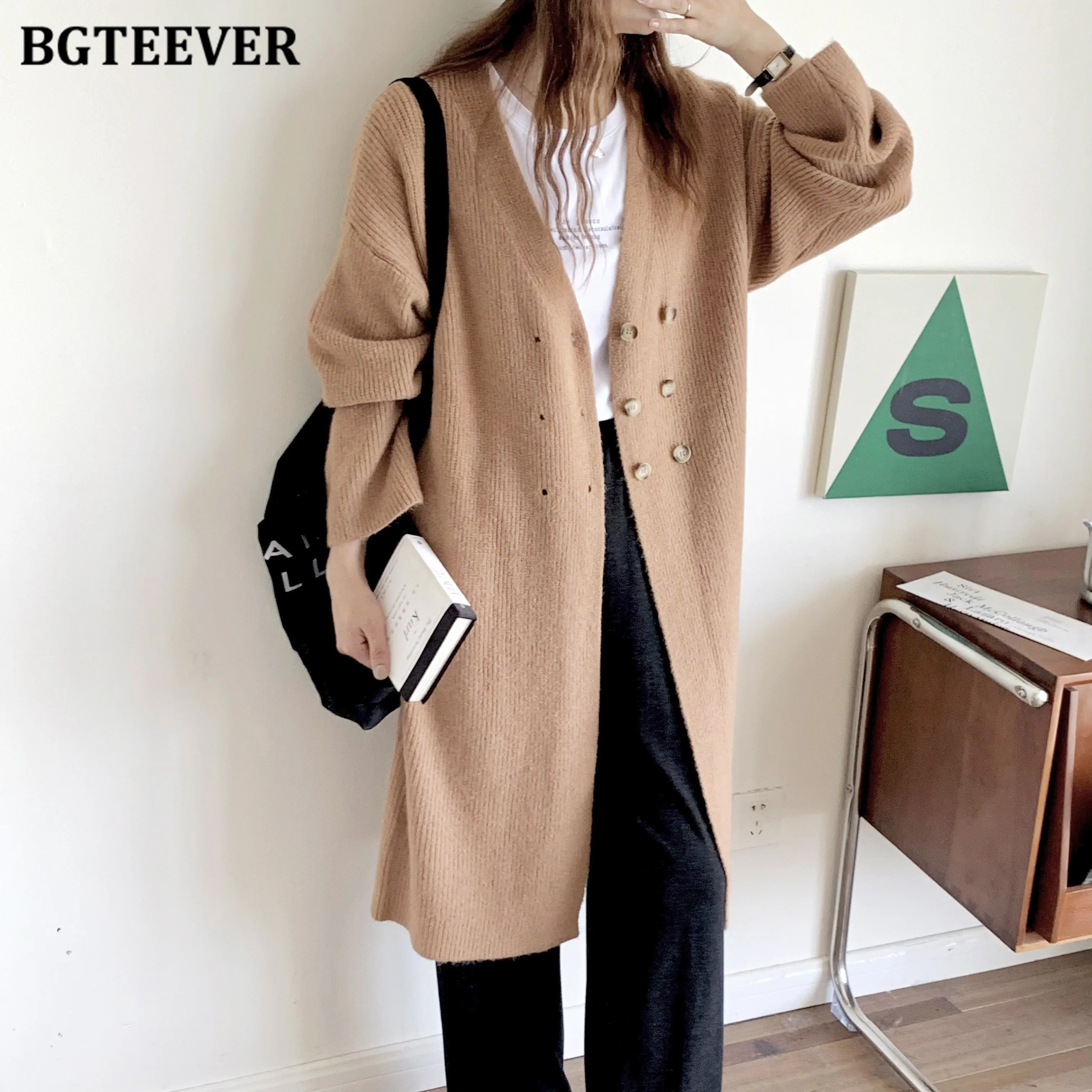 

BGTEEVER Autumn Winter V-neck Oversized Cardigans Women Elegant Long Sleeve Double Breasted Sweaters Overcoats Women