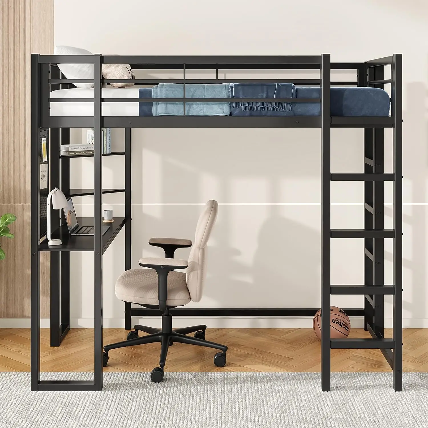 Twin Metal Loft Bed with Desk and Shelves, Space-Saving Frame with Ladder and Full-Length Guardrails, Space-Saving Beds