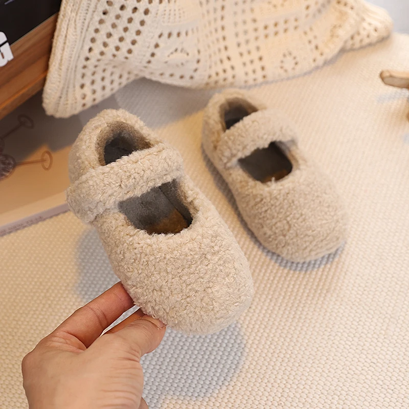Toddler Girls Soft Fluffy Leather Shoes 2025 New Winter Kid Fleece Lined Ballet Flats Soft Sole Classic School Daily Wear Age3-8