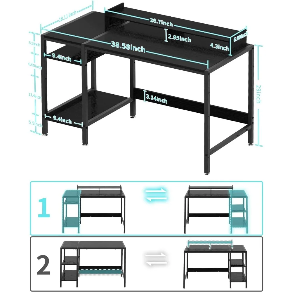 38-Inch Speelbureau, Bureau Voor Thuiskantoor Met Opbergruimte, Klein Bureau Met Monitorstandaard, Schrijftafel Voor 2 Monitoren