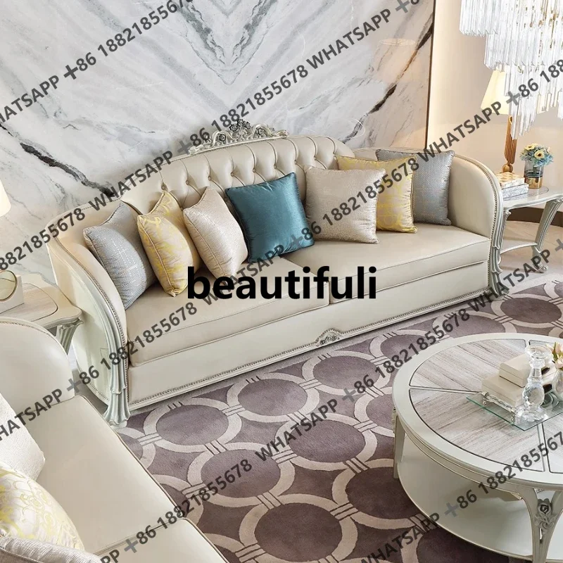 

Французский светлый роскошный кожаный диван из цельного дерева, европейская придворная резьба, диван для гостиной, группа SE4