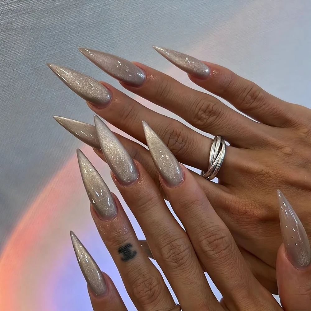 

10Pcs Handmade Manicure Long Almond Fake Nails Sparkling Cat Eye Limited Nails Press On Nails Design with Adhesive Nail File Set