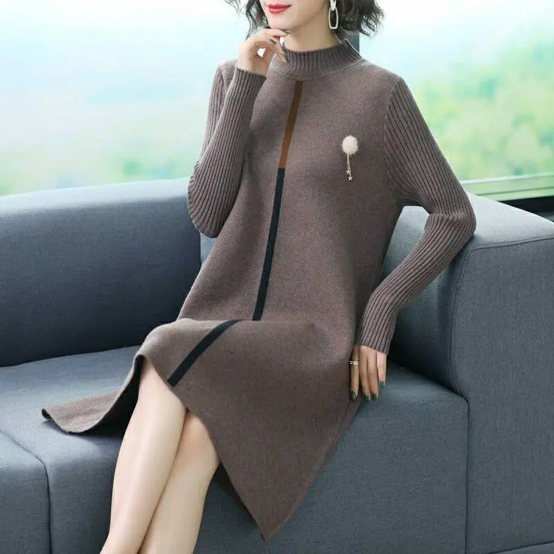 Women Autumn Winter Oversize Dress Knitting Sweater 2024 New Fashion Half High Collar Solid Patchwork Slim Office Lady Dress