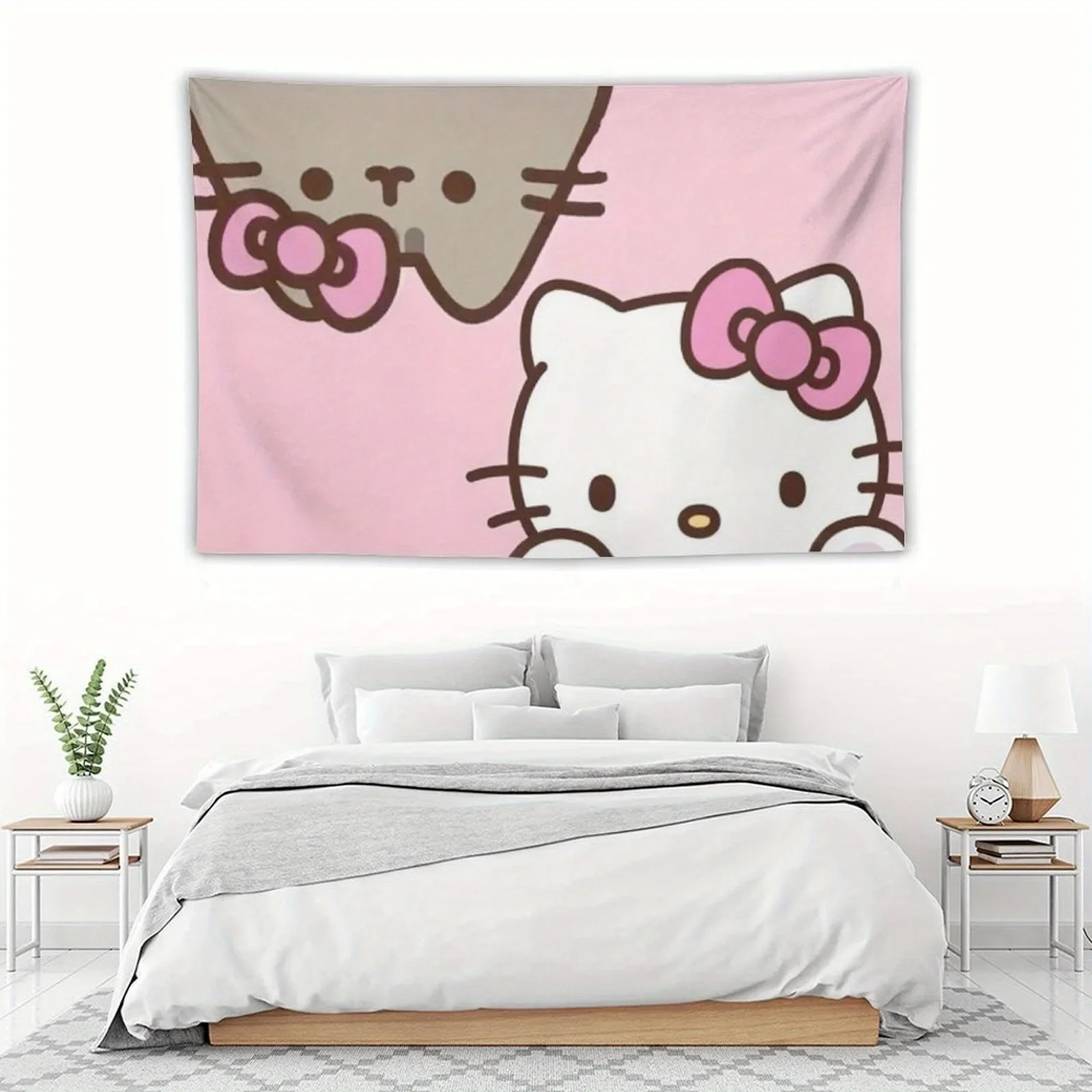 Sanrio Hello Kitty und Katze Cartoon-Wandteppich, Wandkunst für Schlafzimmer, verspielte und lebendige Kawaii-Anime-Heimdekoration