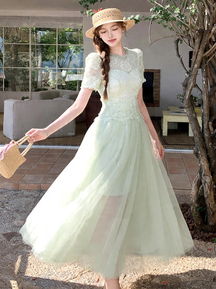 

Women's Fake 2-Piece Lace Mesh Maxi Long Dress Casual Puff Sleeve High Waist Slim Vestidos Summer Vacation Date Party Prom Daily