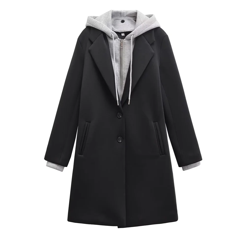 PB&ZA2024 Winter New Women's Clothing Style Simple and Casual Detachable Hooded Splicing Windbreaker Long Sleeve Coat Suit Coat