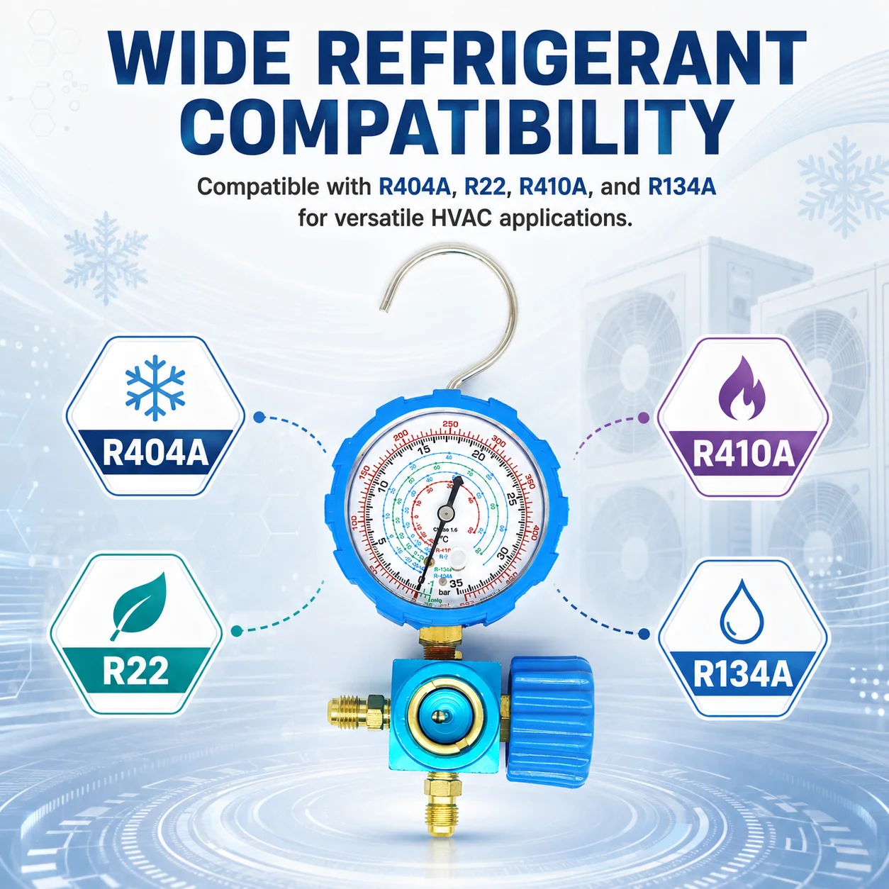 R410a 800/500psi Kältemittel verteiler Manometer ventil Druck anzeige Klimaanlagen werkzeug mit visuellem für r12 r502 r22 r410a – Detail 4