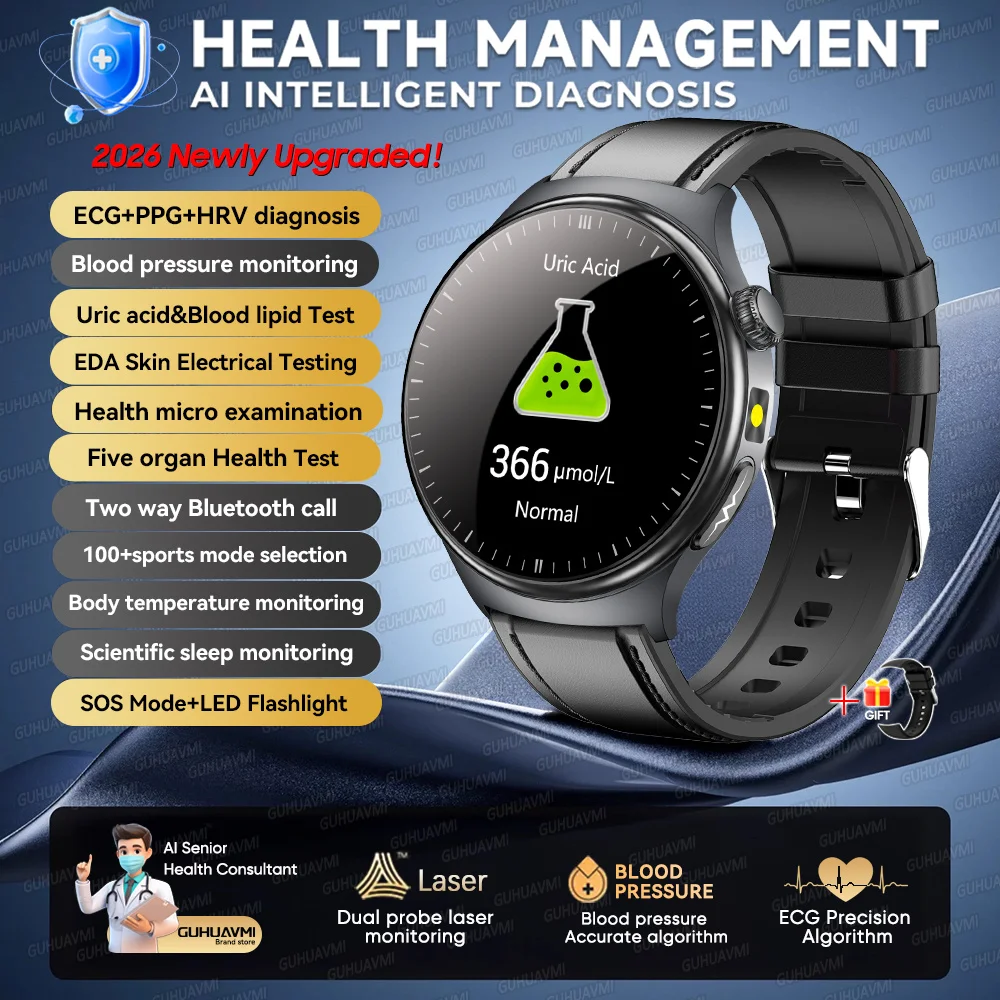 2026 Nieuwe Micro Fysieke Onderzoek Gezondheid Smartwatch Heren ECG Urinezuur Lipiden Bloeddruk BT Oproep Smartwatch Voor Android IOS