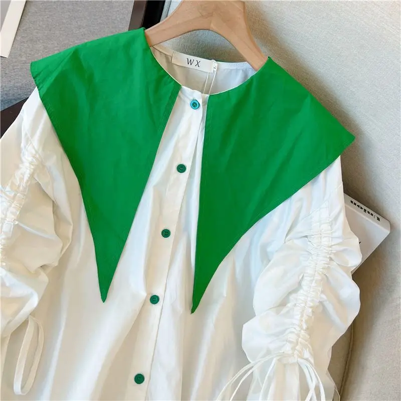 Casual Turn-down Collar Loose Blouse Spring Autumn Spliced Female Clothing Single-breasted Stylish Shirring Drawstring Shirt New