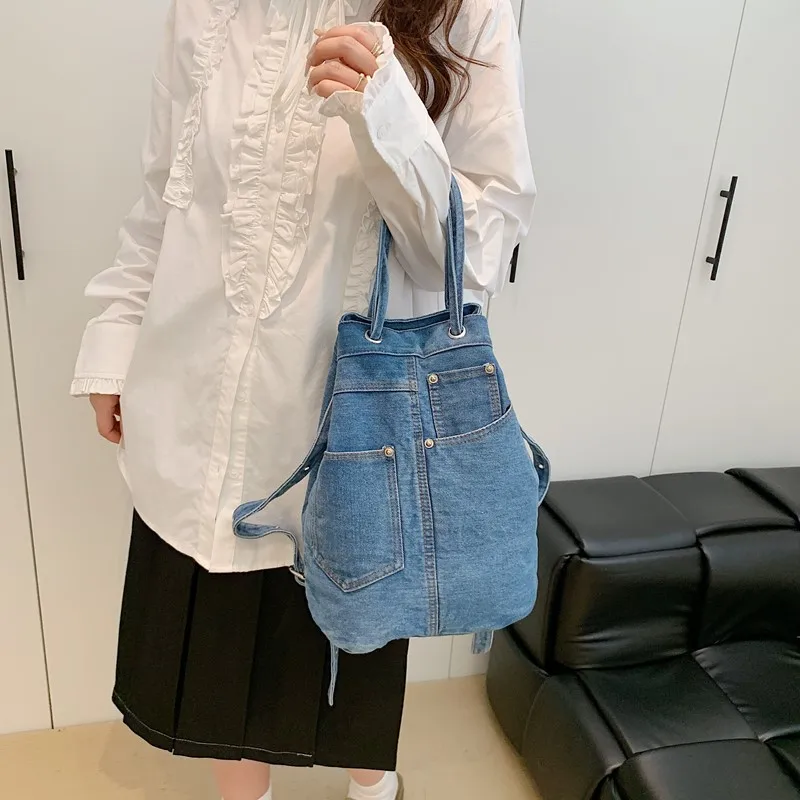 デニム女性のバックパックカジュアルスクールバックパック十代の少女のための高級巾着女性デイパックバッグパック女性ハンドバッグブルー