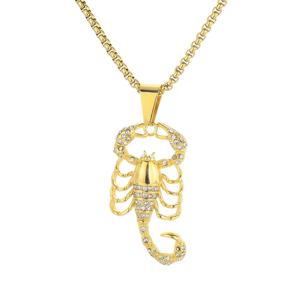 

Punk Iced Out Bling Scorpio Scorpion Pendant Gold Color Stainless Steel Animal Necklace for Women Men Cool Fashion Jewelry Gift