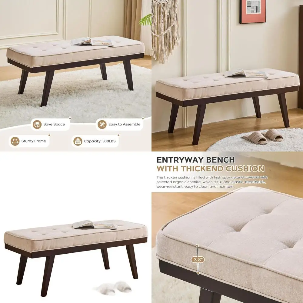 Beige Chenille Tufted Upholstered Ottoman Bench, 47.2 Long Entryway Indoor, Living Room, Dining Room Bench with Rubberwood Legs