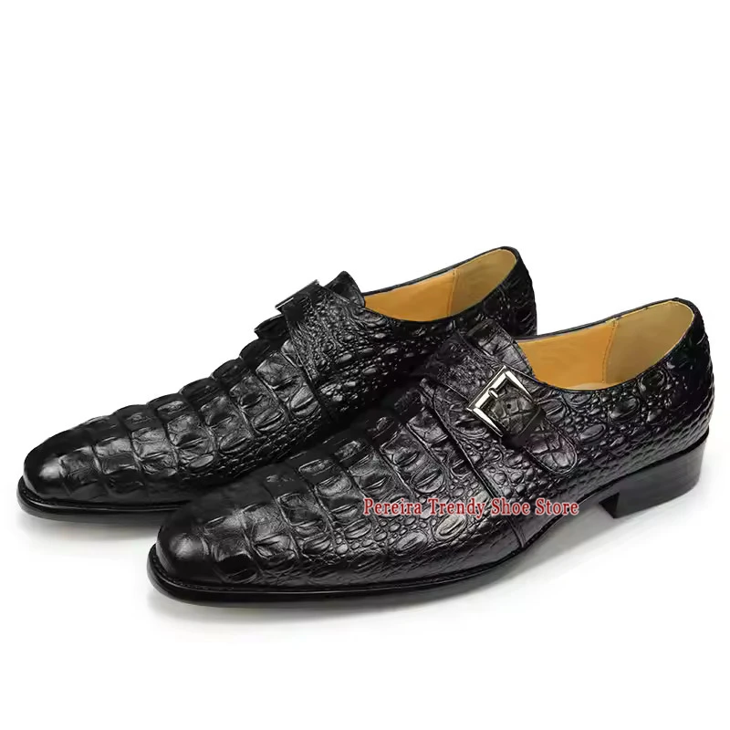 Crocodile Print Cowhide Business Casual Shoes Retro Metal Buckle Pointed Toe Formal Shoes Trendy Party Banquet Dress Men Shoes