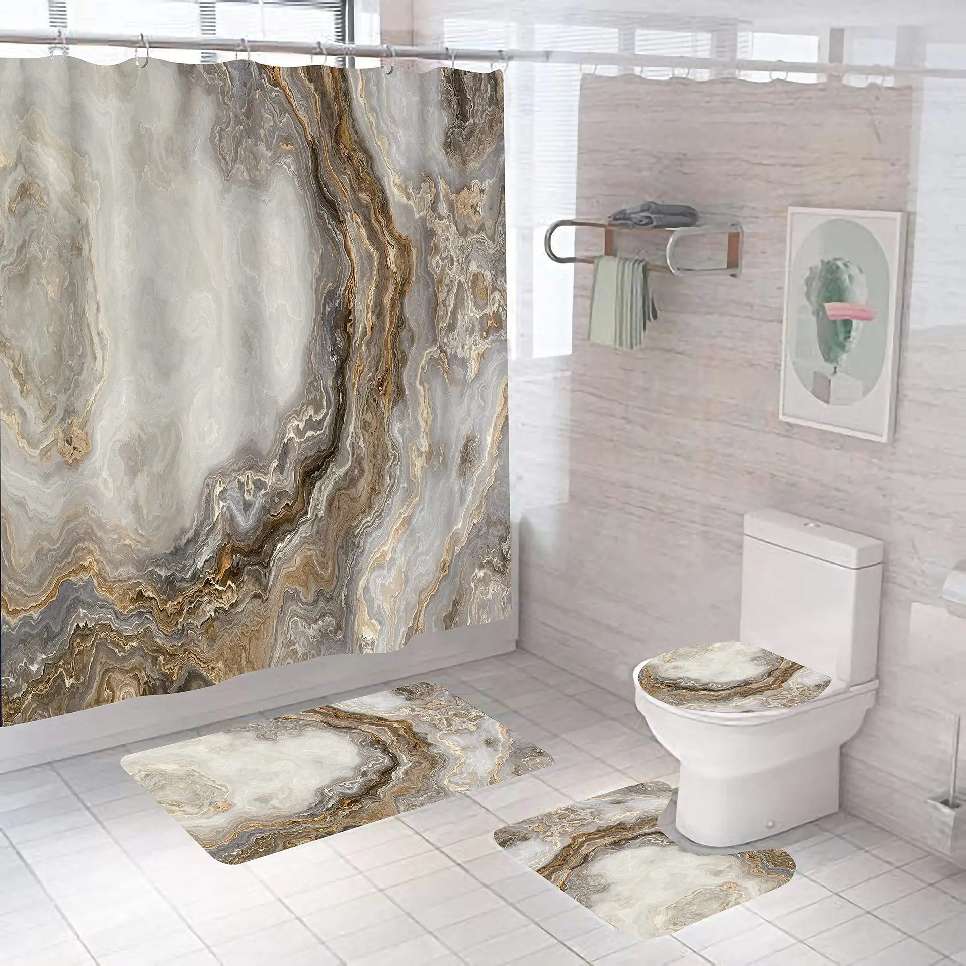 

4-Piece Bathroom Set: Shower Curtain with Non-Slip Mats, Toilet Seat Cover & Bath Carpet - Durable & Waterproof