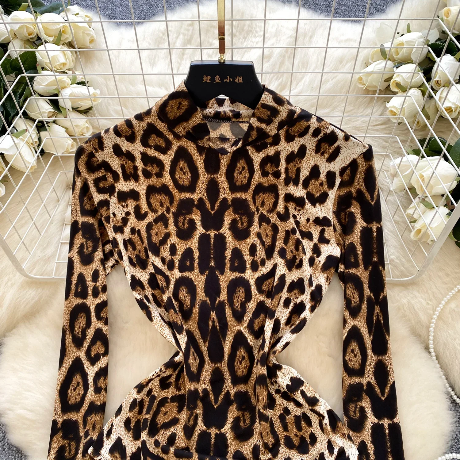 Hotsweet Half High Collar Elegant Long Sleeves Chic Leopard Print Bodysuits Top Korean Sexy High Street Autumn Winter Jumpsuit