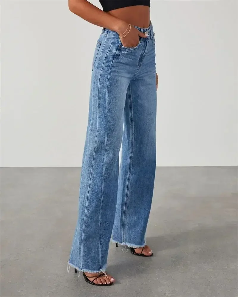 Moda Proste dżinsy z frędzlami Kobiety Spodnie jeansowe z kieszeniami na guziki Kobieta dojeżdżająca do pracy Luźne spodnie z szerokimi nogawkami 20223 Nowość
