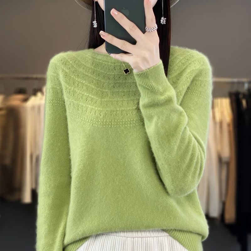 Autumn and winter new ladies 100% pure wool knitted O-neck solid color long sleeve loose slim fashion Joker pullover