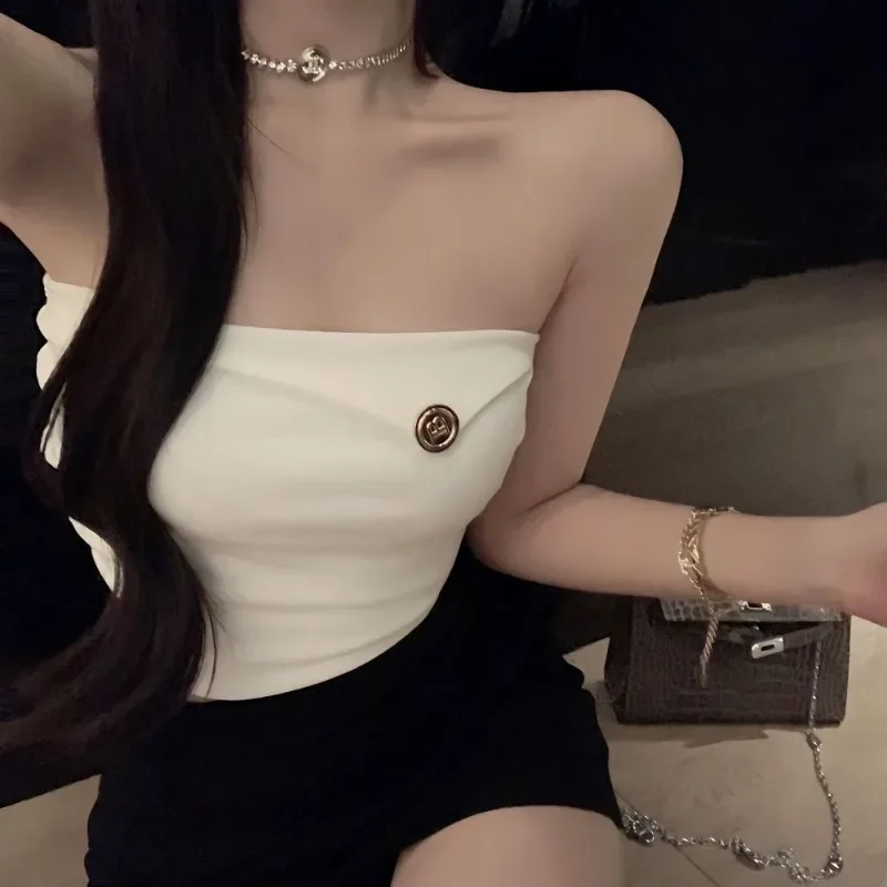 Women Summer Sexy Hottie Slim Appear Thin Solid Color Bottoming Tube Top Ladies Fashion Buttons Temperament All-match Camisole