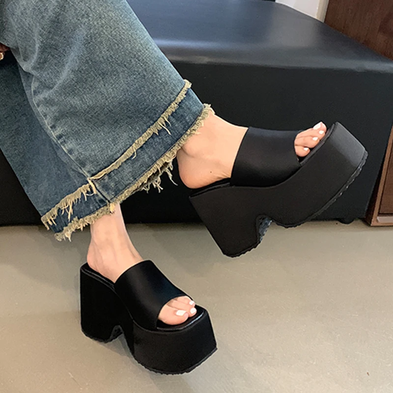 11cm Chunky Heels Black Slippers 6cm Platform Wedges Sandals Summer Block High Heels For Women White Shoes Sandalias 2024 Mujer