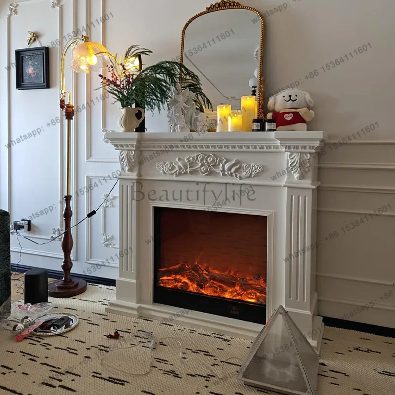 yj15 French vintage solid wood fireplace cabinet simple living room entrance simulated flame light luxury decorative cabinet