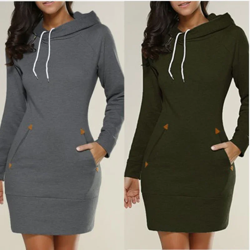 Women‘s Knee-Length Pockets Dress Hooded Warm Sweat Shirt Long Sleeve Side Zip Neckline Simple Casual Sports Skirt 2024