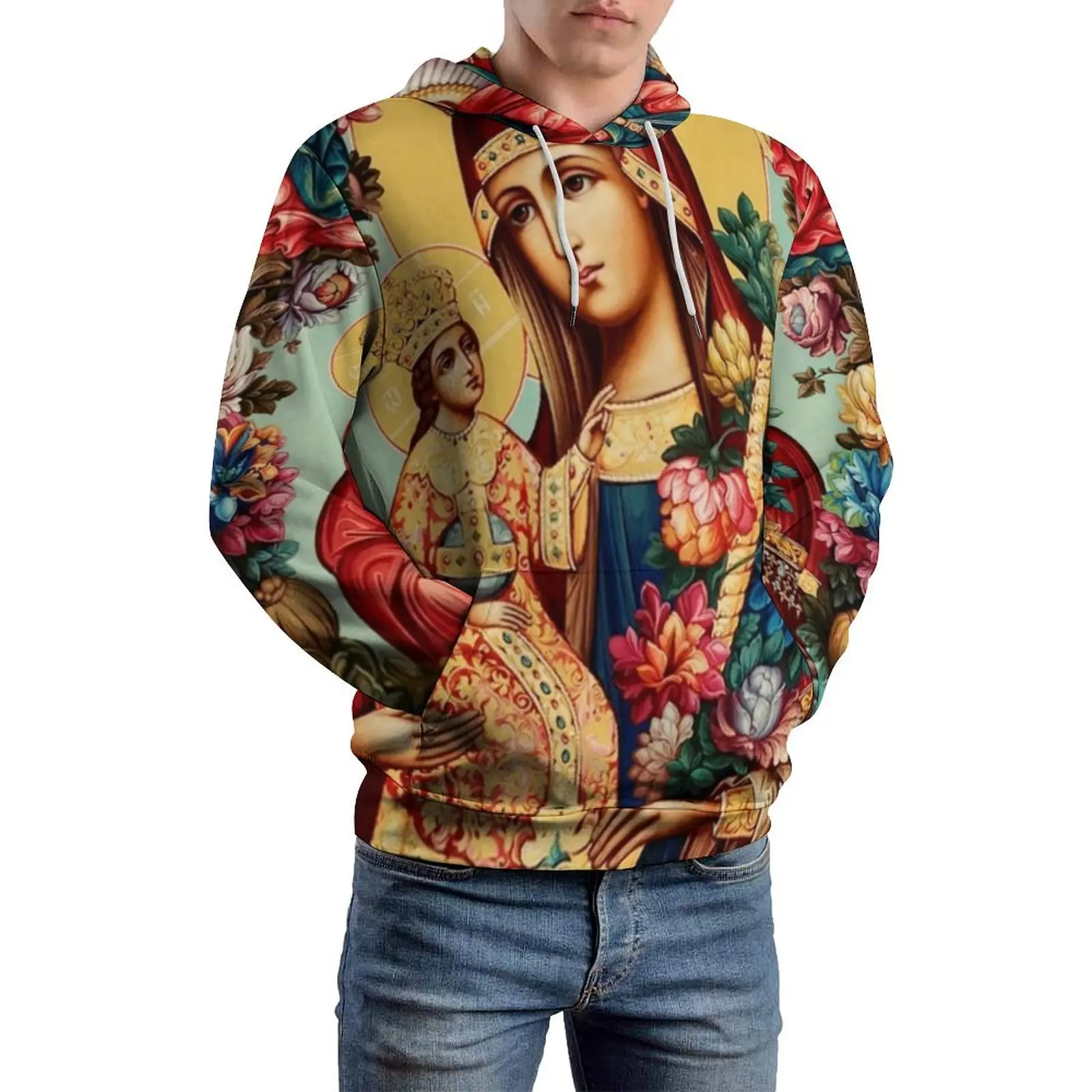 Virgin Mary Loose Hoodies Queen of Flowers Harajuku Hoodie Unisex Long Sleeve Oversize Street Style Custom Clothing