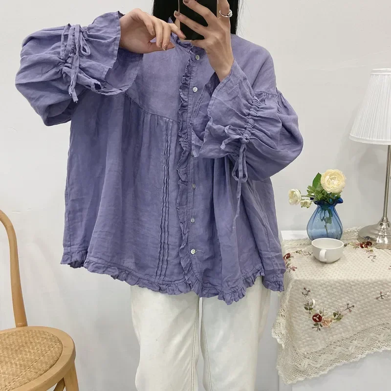 2024 New Ruffles Linen Lace-up Women Shirts Tops Spring Summer Vintage Mori Loose Slits Female Blouses