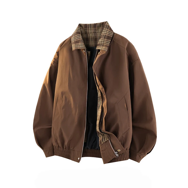 2026 Jacket Men Autumn Windbreaker Jacket Men Fall Fashion Collar Plaid Jacket Retro Spliced Fake Two-Piece Jacket Solid Outwear