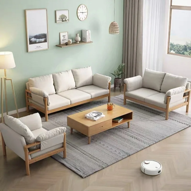 

Nordic style solid wood sofa small apartment cotton and linen fabric living room modern simple three double log sofa