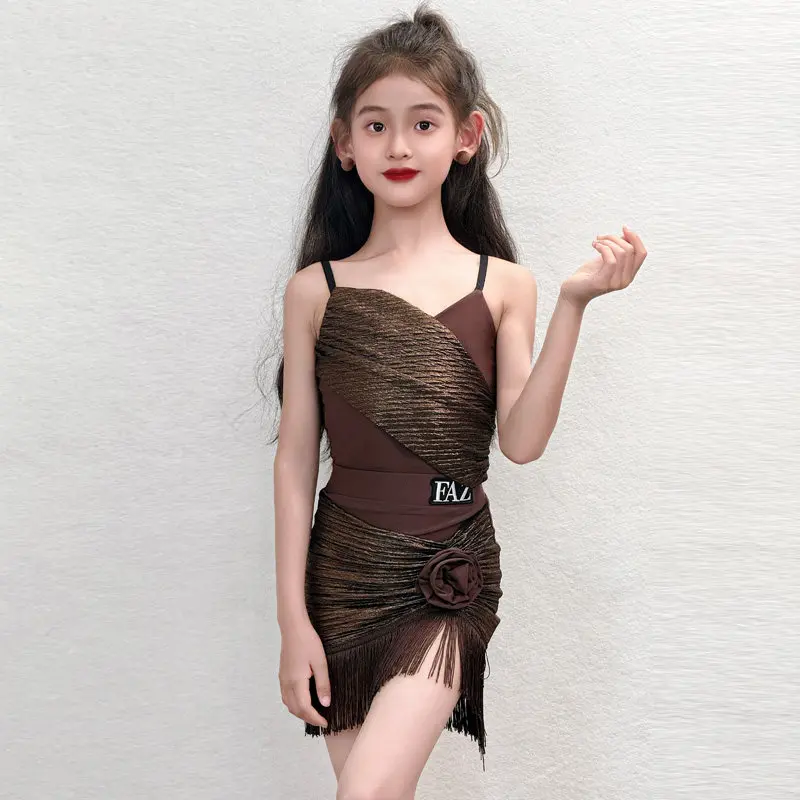 

Summer Latin Dance Clothes For Kid Sleeveless Brown Dance Suit Tassel Skirt Girl Performance Cloths Cha Cha Training Set VBH2816
