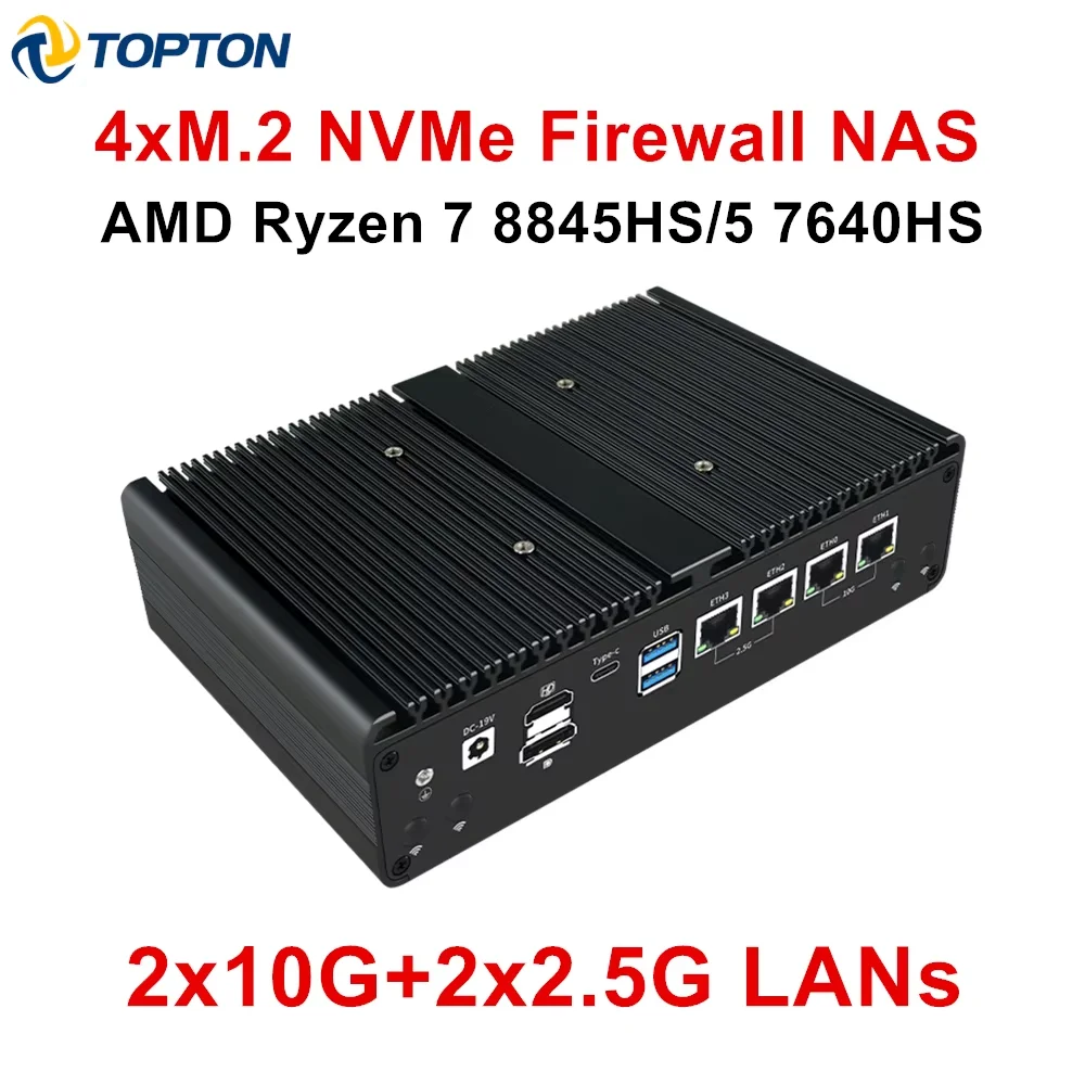 Topton OCuLink Firewall Mini PC NAS Server AMD Ryzen 7 8845HS 5 7640HS 2*10G 2*2.5G 4 LANs 4xM.2 NVMe 2xUSB4 Gaming Computer