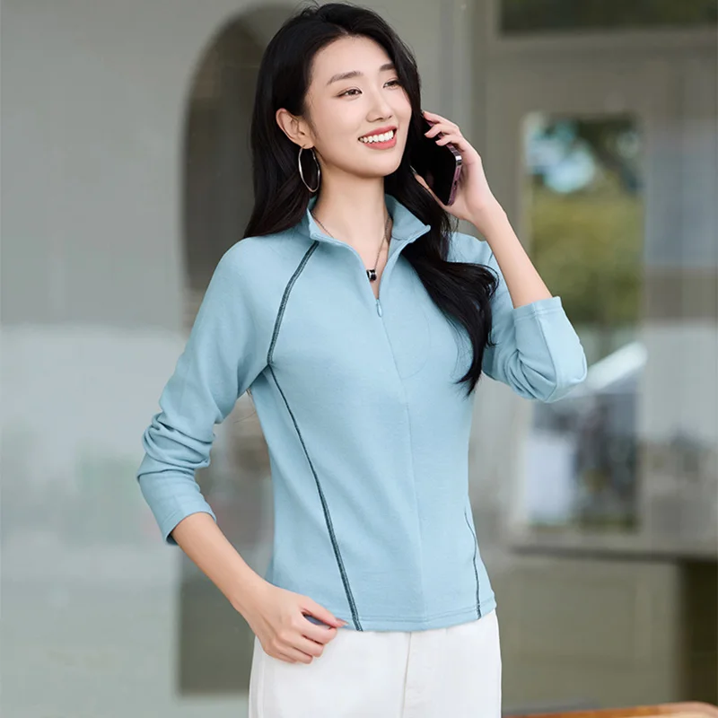 

Новинка Женщины Толстая футболка Осень Зима Мода Воротник-стойка Тонкая талия Футболка с длинным рукавом Простота Повседневная Базовая футболка