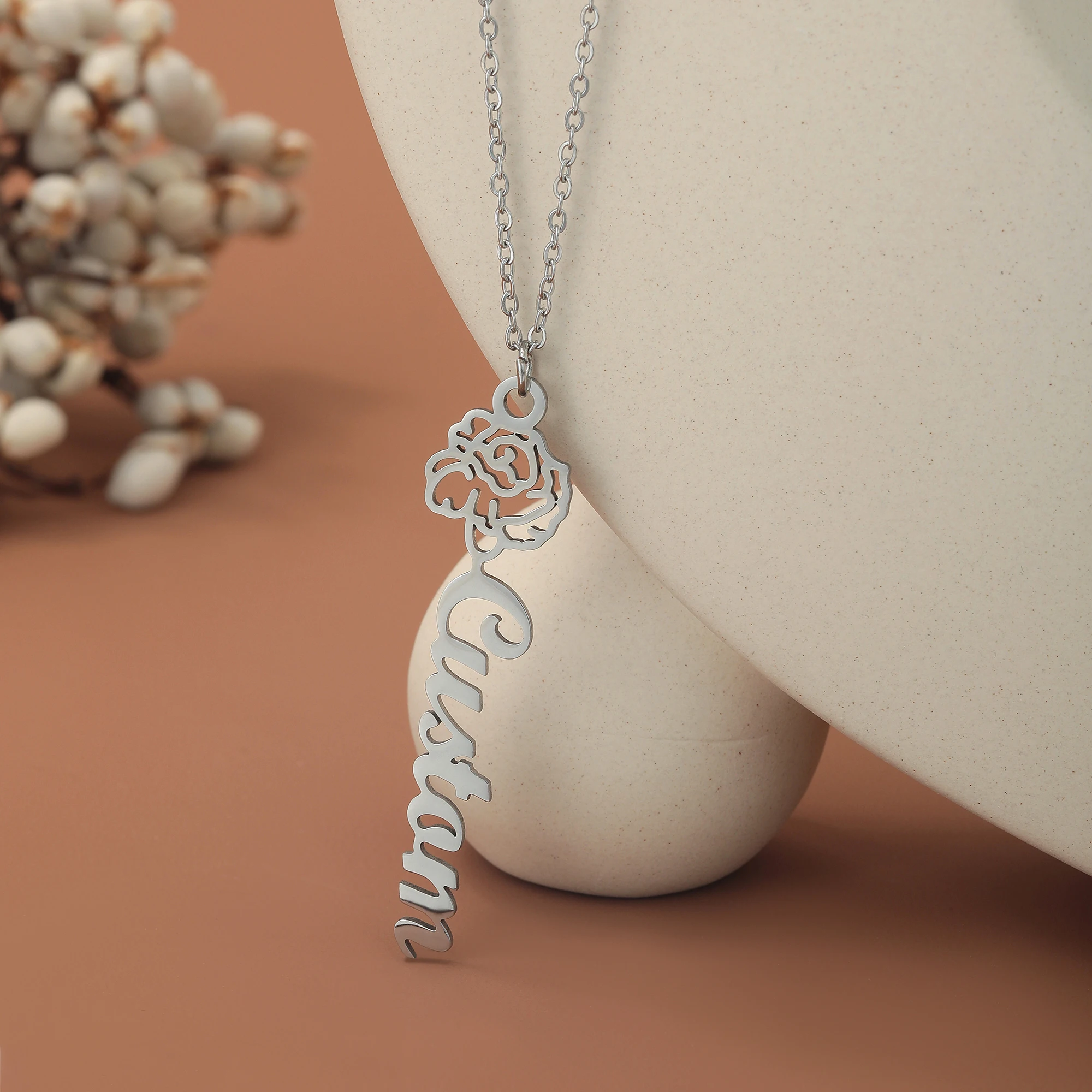 Stainless Steel Personalized Custom Name Rose Flower Choker Necklaces For Women SilverJewelry Necklace Valentines Day Gifts