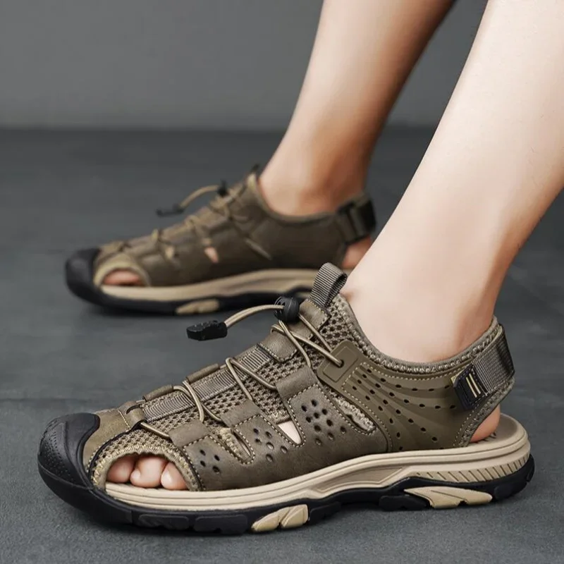 

2025 Men's Sport Sandals Handmade Genuine Leather Sandals for Men Summer Outdoor Anti-collision Comfortable Casual Beach Sandals