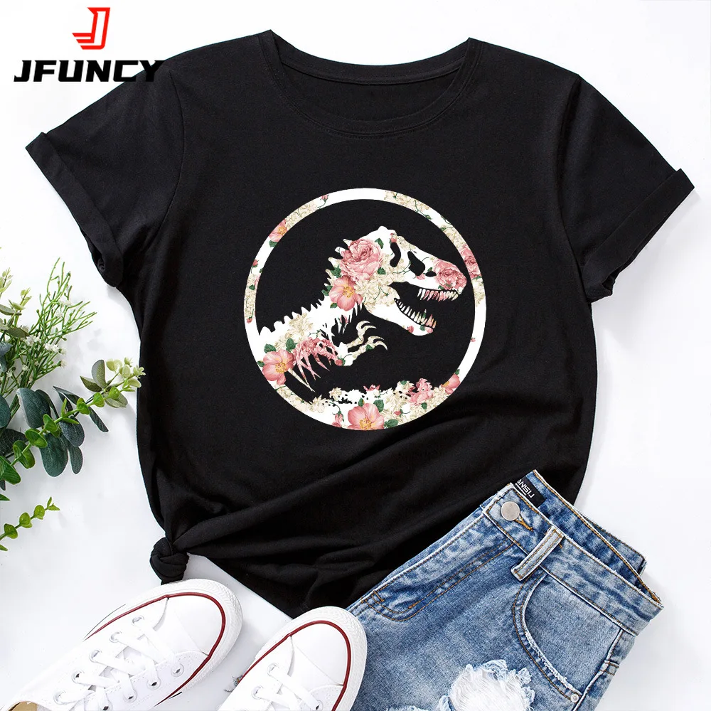 

JFUNCY 5XL Women Cotton T Shirt Dinosaur Graphic Print Loose Tees Short Sleeve Woman Casual T-shirt Summer Female Tops