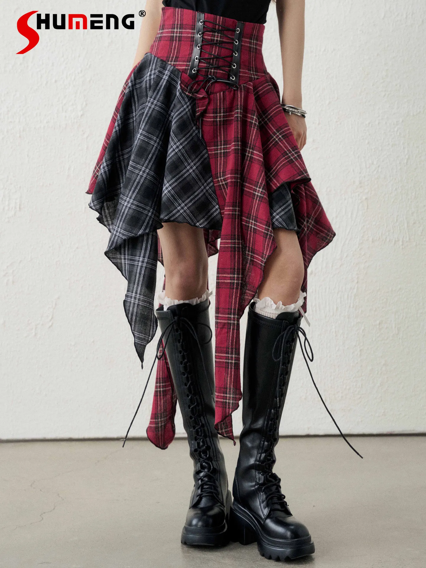 

Subculture Punk Sweet Cool Girl Irregular Splicing Plaid Skirt High Waist Strap Slim Rock Festival Wear Skirts Women Summer 2026