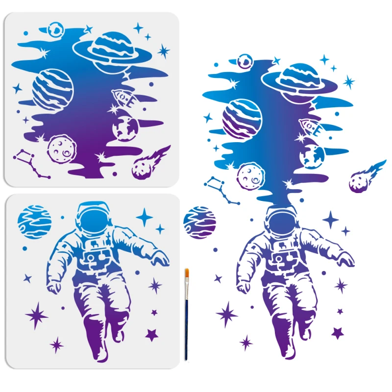 2pcs Astronaut Planet Stencil 15×22.5inch Splicing Size Large Space Theme Template with Paint Brush 11.8×11.8inch Astronauts