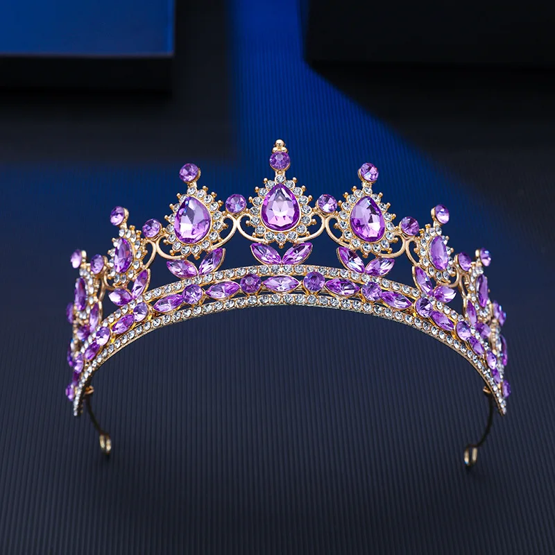 Luxury Purple Green Pink Crystal Wedding Crown Queen Baroque Tiara Headband For Women Diadem Hair Accessories