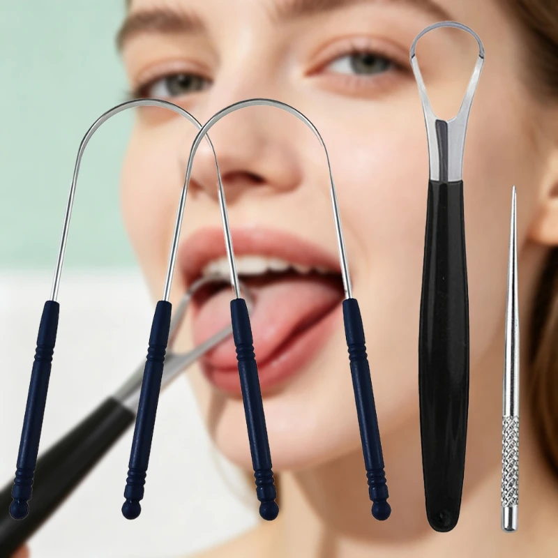 4pcs Stainless Steel Tongue Cleaner Set With Toothpick,Reusable Curved Scraper for Halitosis,Portable Daily Oral Care Supplies