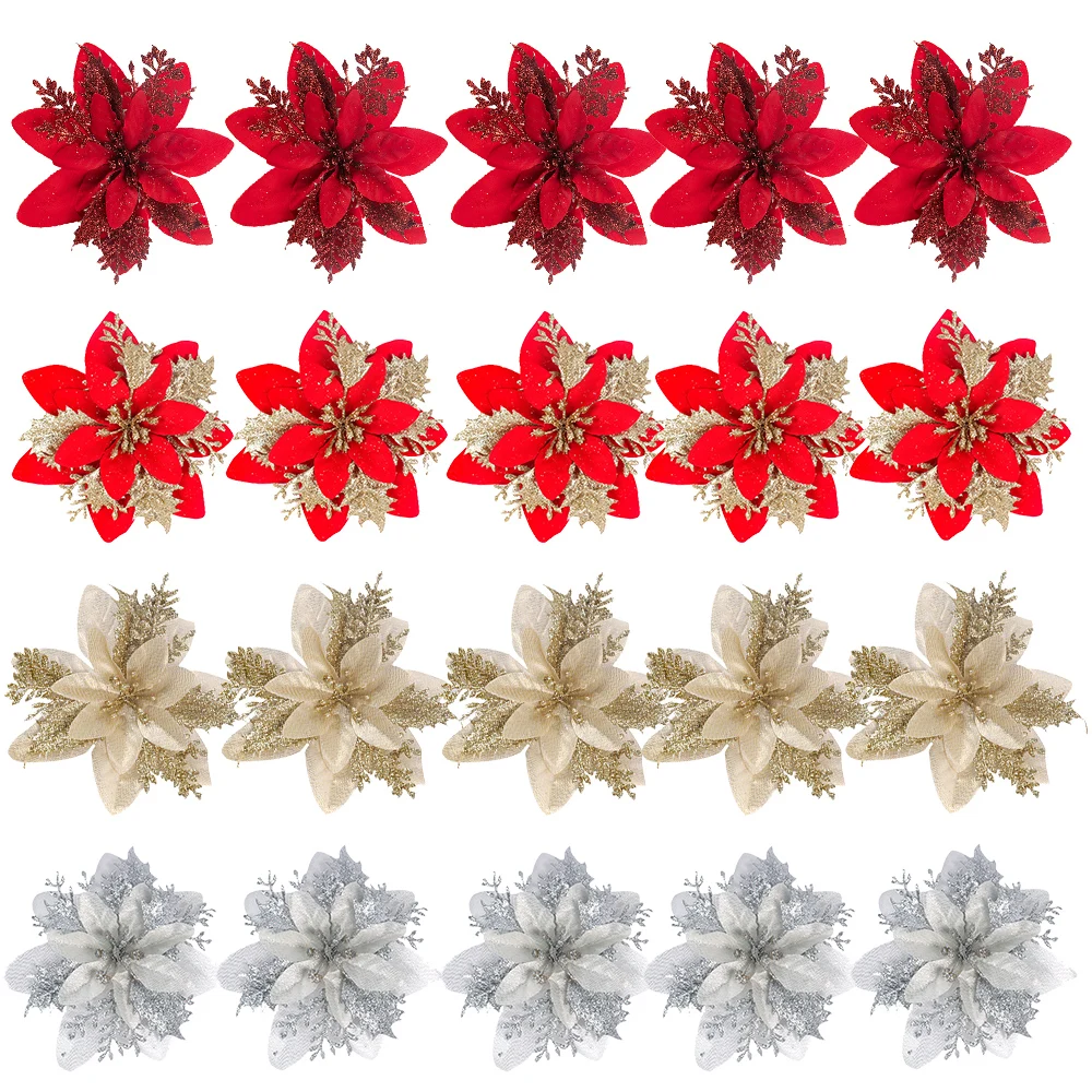 

5pcs Christmas Red Gold Poinsettia Flowers Artificial Glitter Christmas Tree Flowers Ornaments for Xmas Home Noel Natal 2024