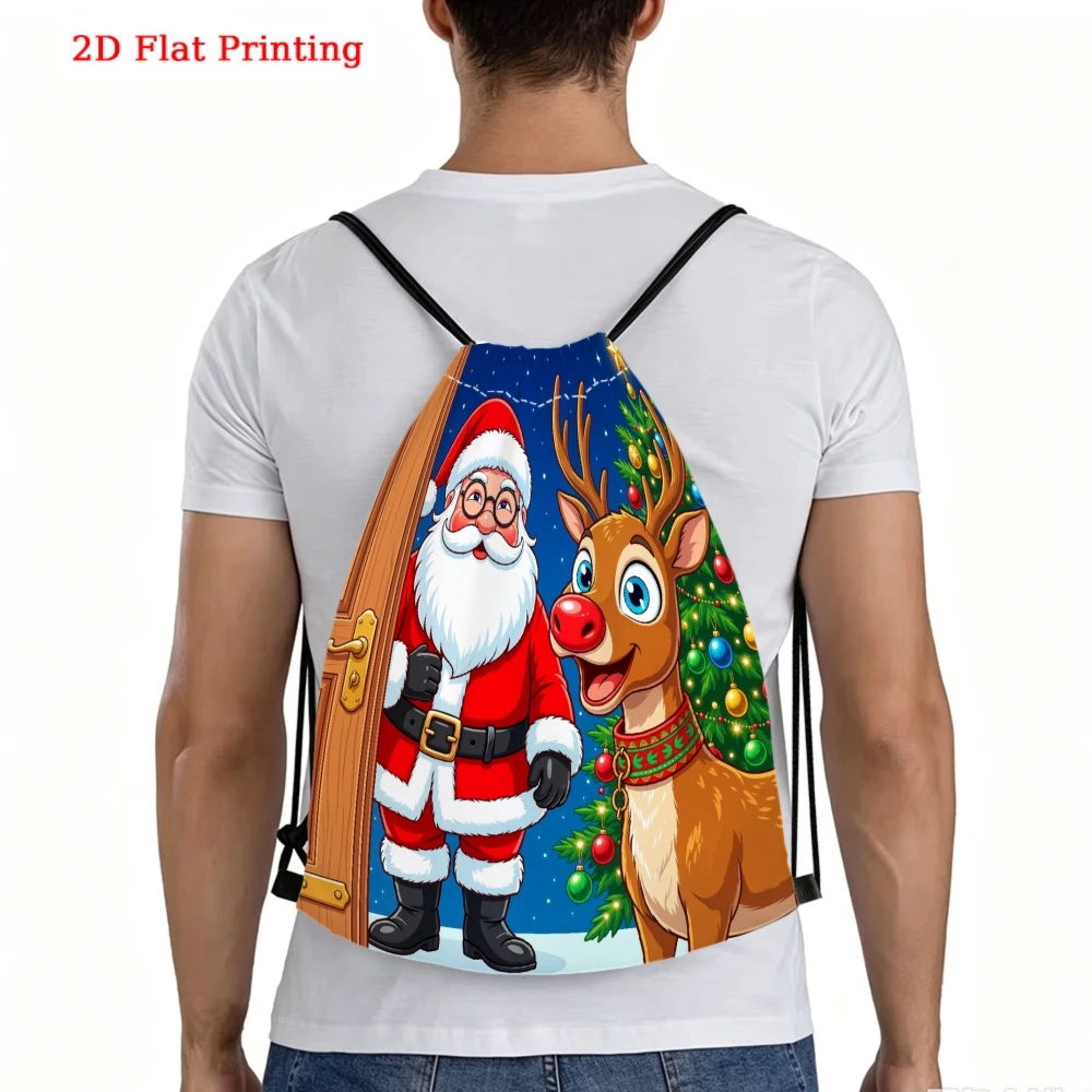 2D Printed Santa Claus and Reindeer Drawstring Backpack for Fitness Sports and Outdoor Travel