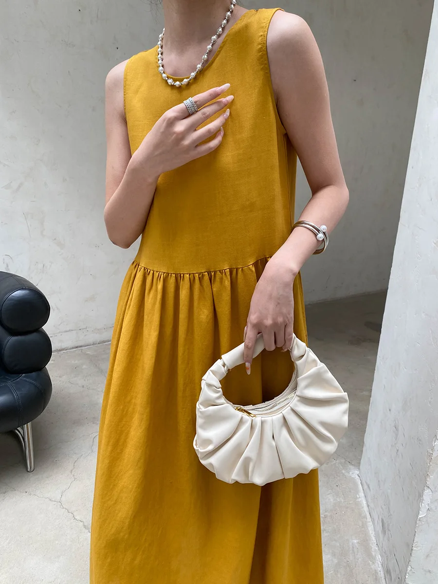 Sommerliches, lässiges, einfarbiges, ärmelloses Patchwork-Kleid mit Rundhalsausschnitt für Damen – Detail 13
