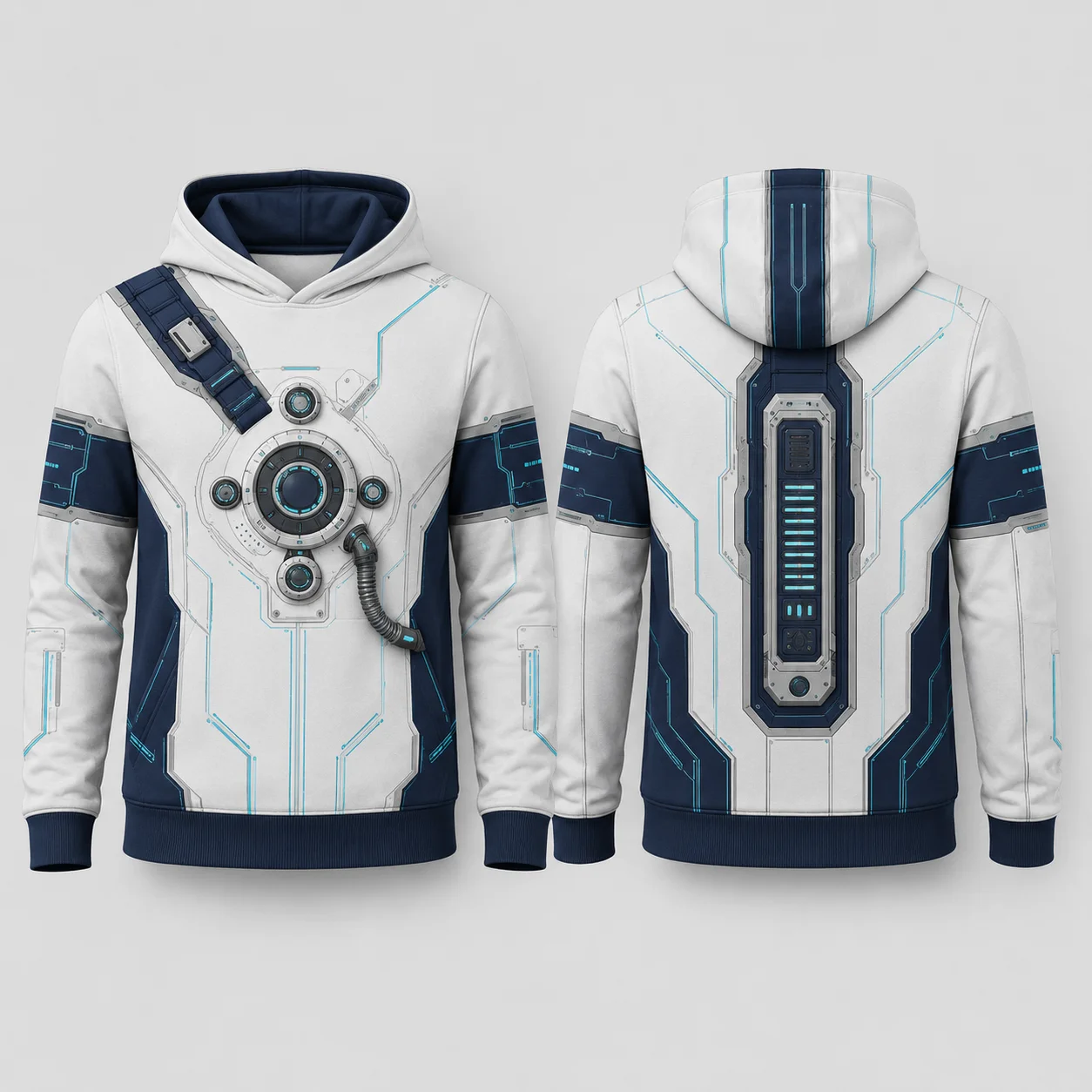 Futuristic Astronaut Hoodie Men White Navy 3D Sublimation Print Flat Graphic Pullover Sweatshirt Sci Fi Techwear