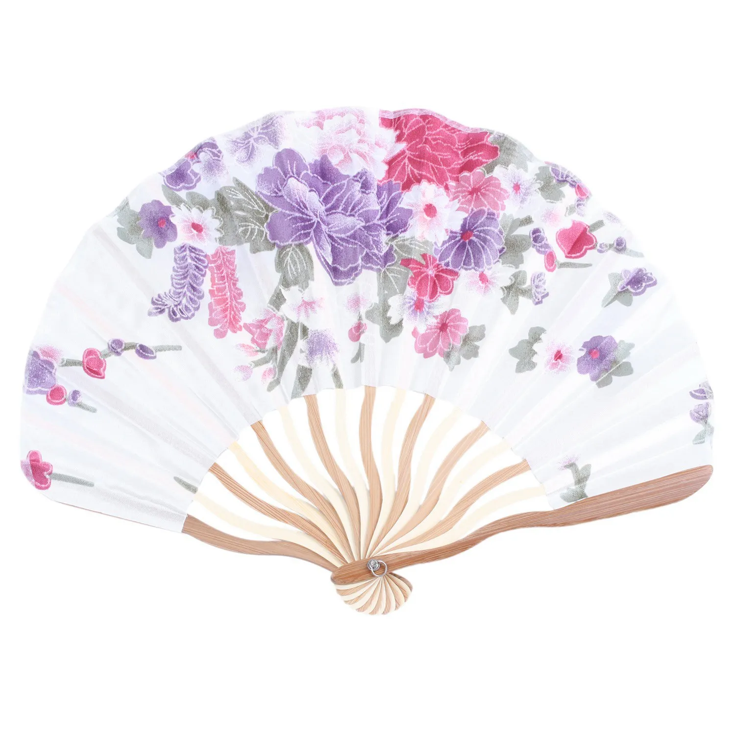 AB09 Bamboo Flower Printed Japanese Style Foldable Hand Held Fan Gift Decor