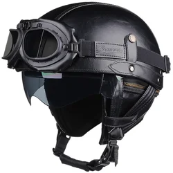 Retro Motorcycle Helmet PU Leather Moto Helmets Men Women Half Helmet HD Lens Casco Four Seasons Riding Scooter Capacetes