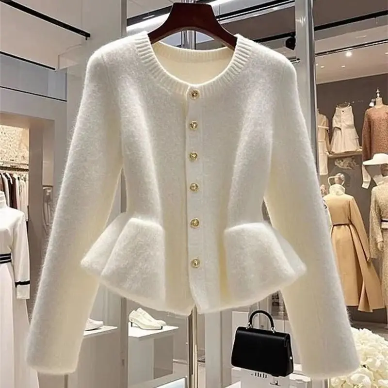 الراقية أنيقة سترة بيضاء معطف المرأة الخريف الشتاء تصميم الخصر النحيف كشكش سترة متماسكة الحلو س الرقبة الصوف تريكو أساسيات #1