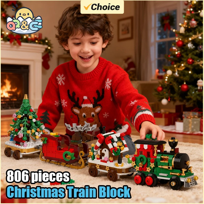 Christmas Train Building Blocks Santa Claus Sleigh Carriage Christmas Tree DIY Assembly Children Bricks Toys for Kids Xmas Gifts