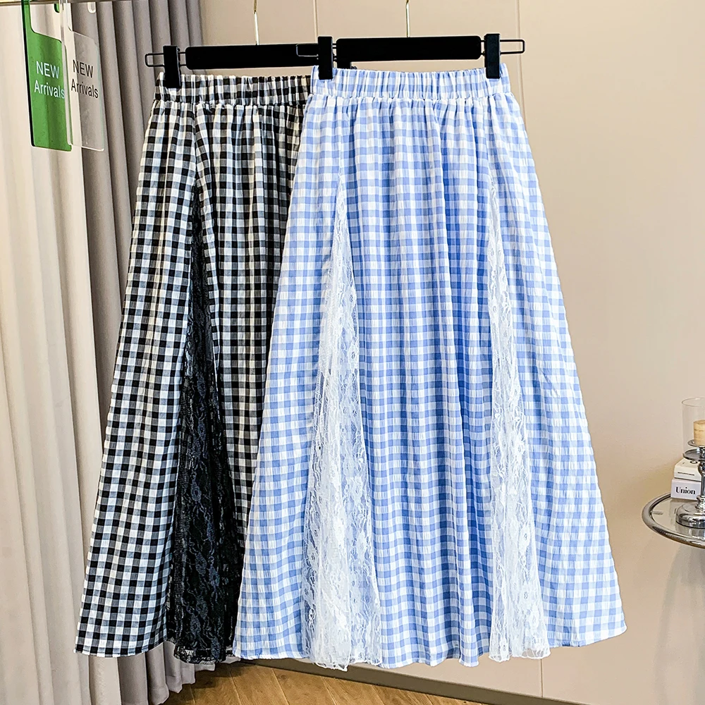

Summer New High Waist A-Line Midi Skirt Blue Plaid Lace Asymmetrical Half-length Casual Skirt Women's plus Size Cotton Blend