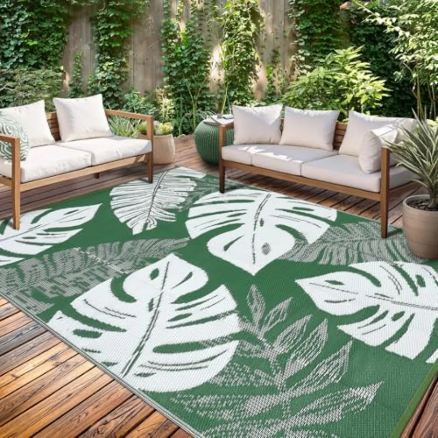 

Large Botanical Outdoor Rug 9x12 for Patio, Waterproof Reversible Plastic Straw Mat in Green, Foldable Modern Leaf Design for C